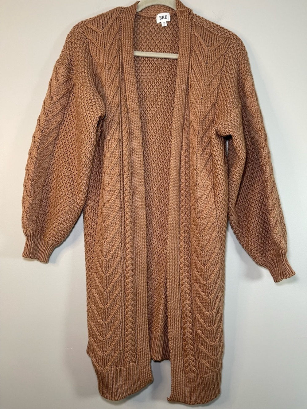 BKE Women's Long Cable Knit Open Cardigan in Pecan Brown